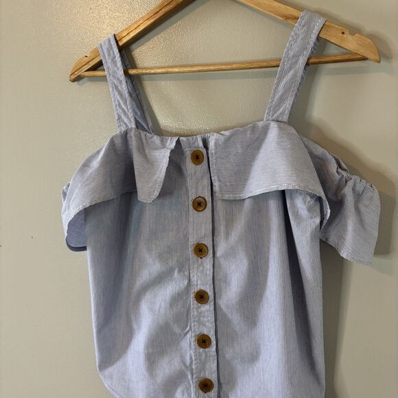 Maeve Anthropologie Blue Pinstripe Top Off The Shoulder Ruffle Button Tank Sz 4 - Picture 2 of 8